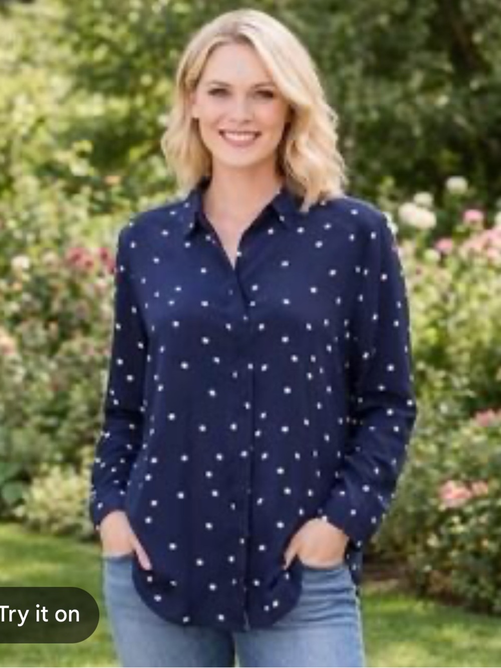 Polka Dot Navy Button-Down Shirt for Women